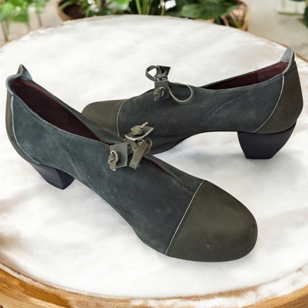Sachelle olive green leather heel dress shoes leather & suede leather Size 9